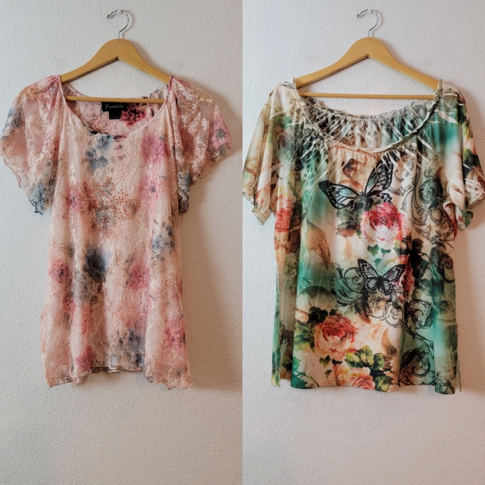 Butterfly Y2K Fairy Grunge Mall Goth Blouse, Pink Lace Coquette Blouse BUNDLE